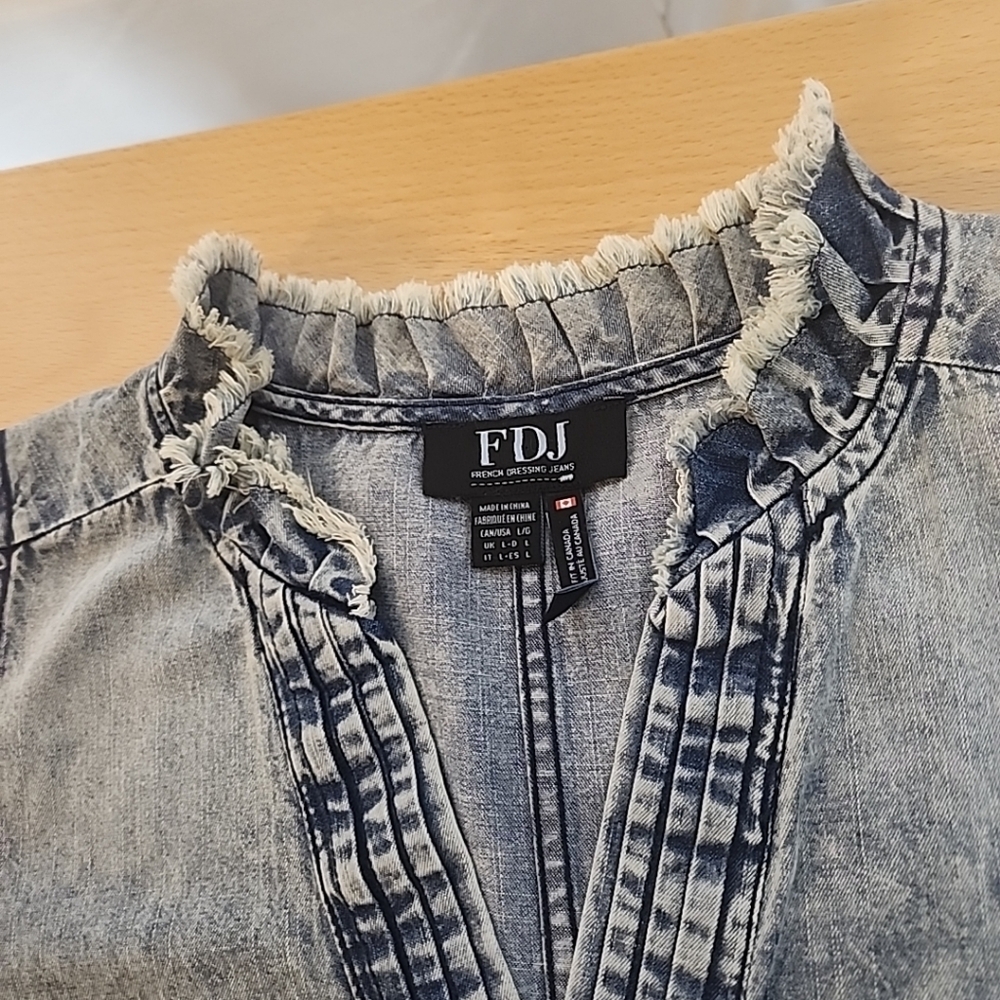 FDJ Acid Wash Chambray Shift Dress Large Sleeveless Coastal Cowgirl Pockets - Picture 7 of 10